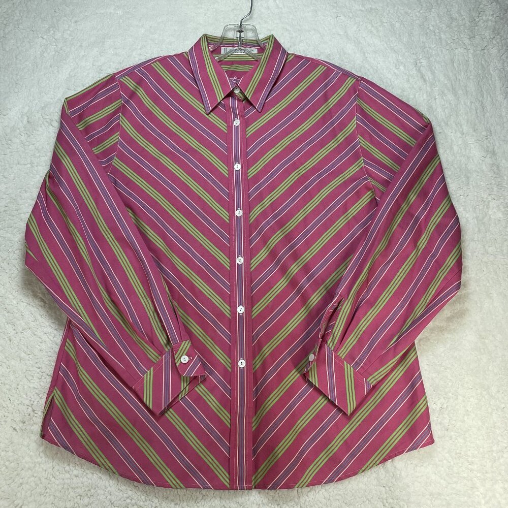 Foxcroft Shirt Womens Size 14 Pink Green Blue Stripe Wrinkle Free Long Sleeve